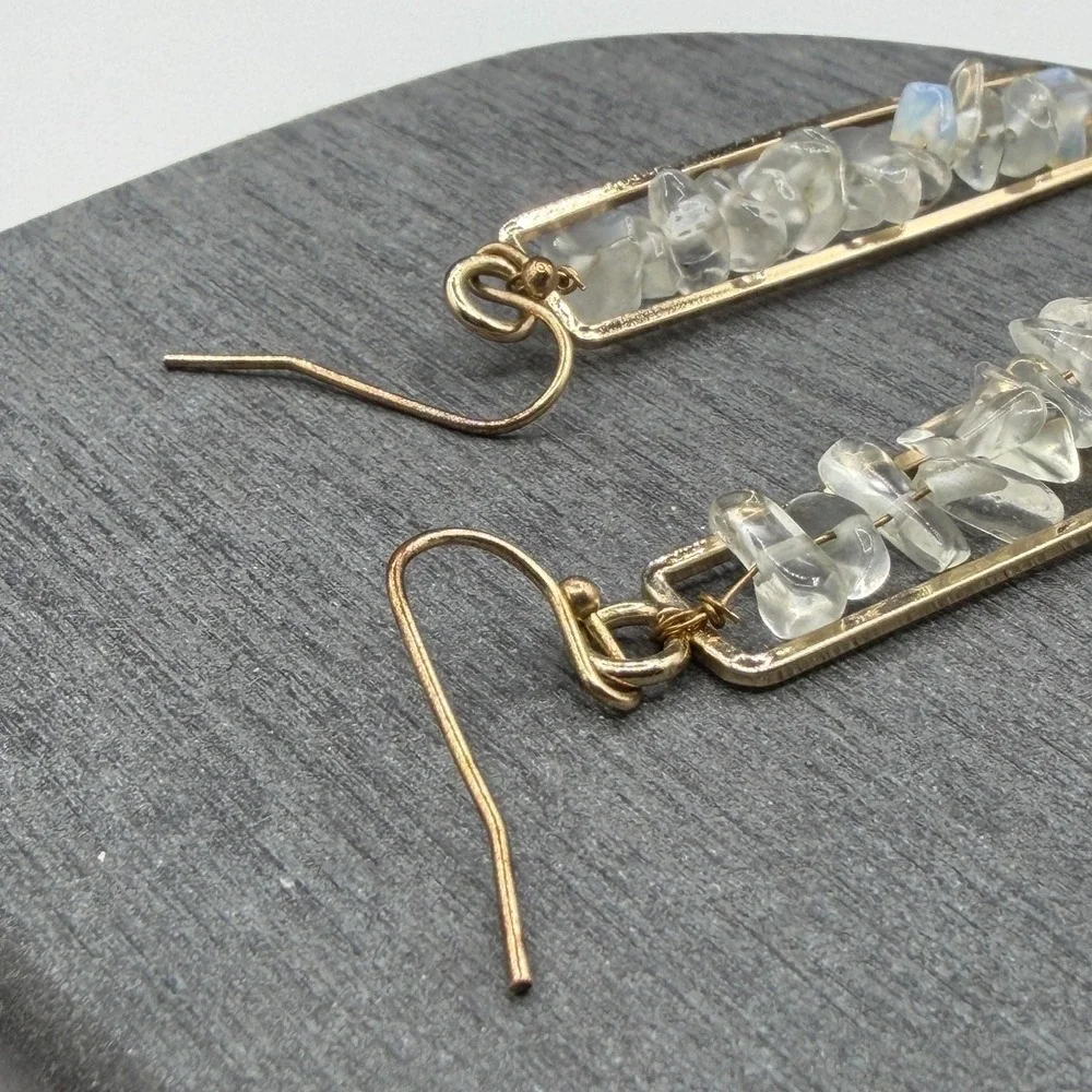 Gold Tone Clear Crystal Iridescent Chip Bar Drop Earrings Boho Statement Gift